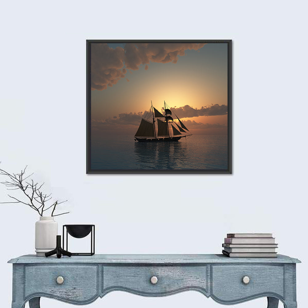Schooner Silhouette at Sunset Wall Art