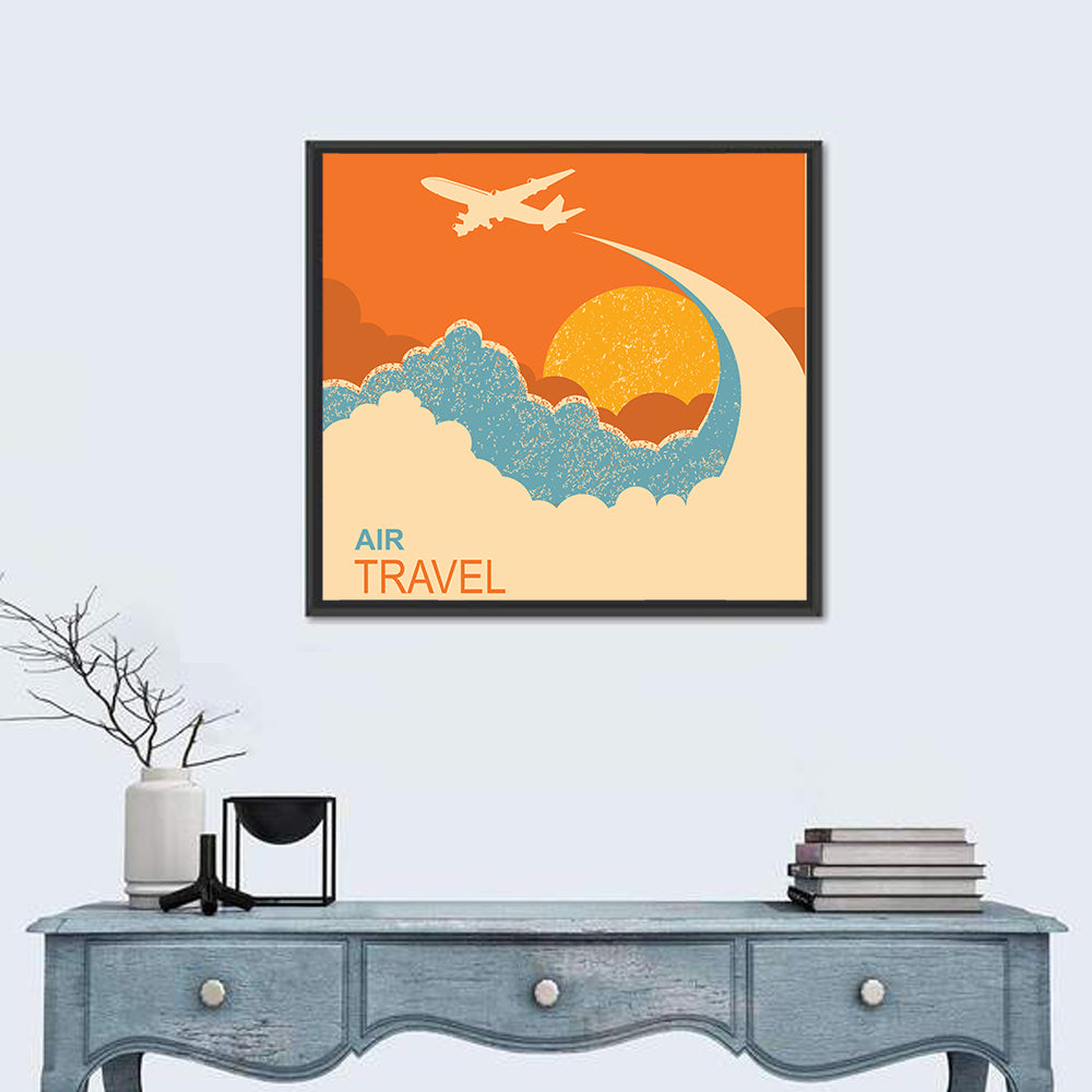 Retro Airplane at Sunset Illustration Wall Art in a room, square