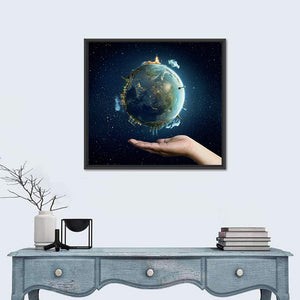 Planet Earth On Palm Wall Art