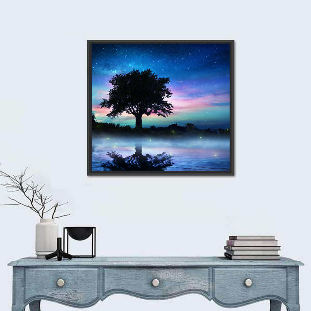 Lonely Tree Under Starry Sky Wall Art in a room, square