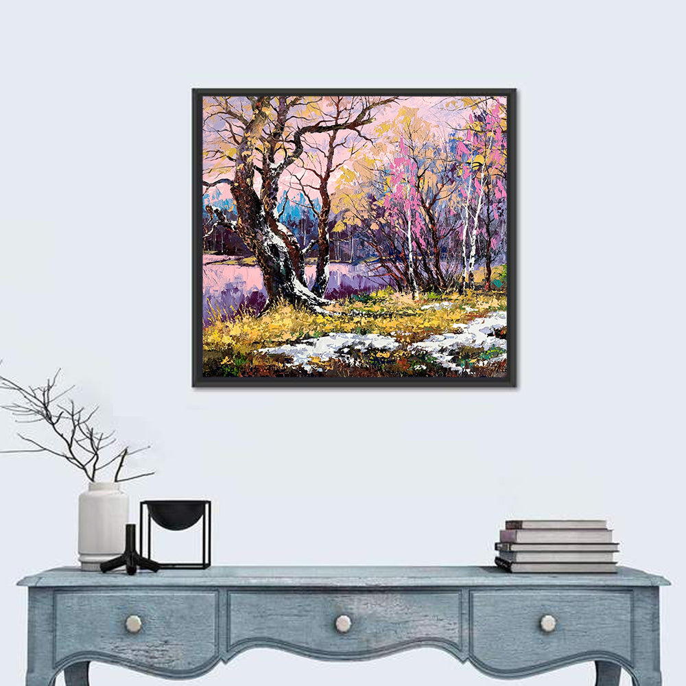 Autumn Lakeshore with Pink Foliage Wall Art