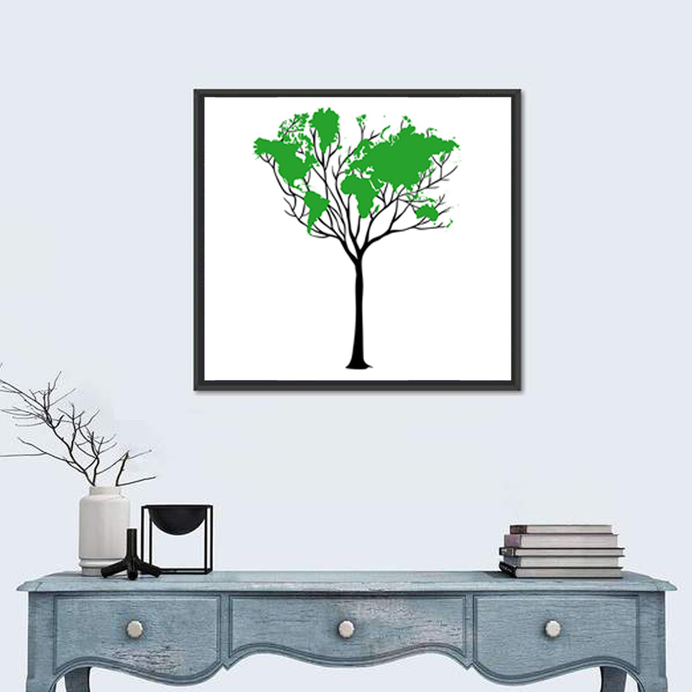 World Map Tree with Green Canopy Wall Art