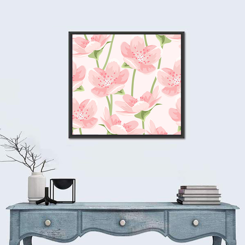 Spring Pink Sakura Magnolia Pattern Wall Art in a room, square