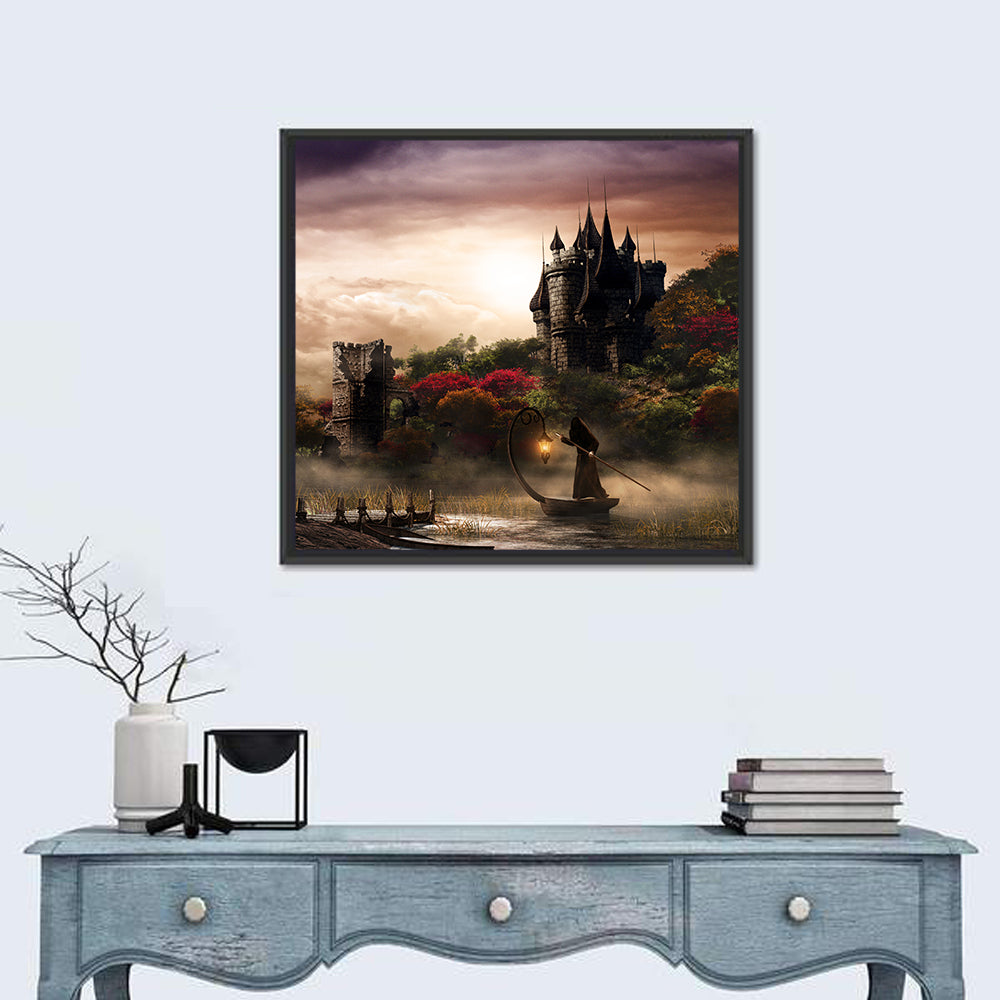 Castle Over Misty Lake at Dusk Wall Art