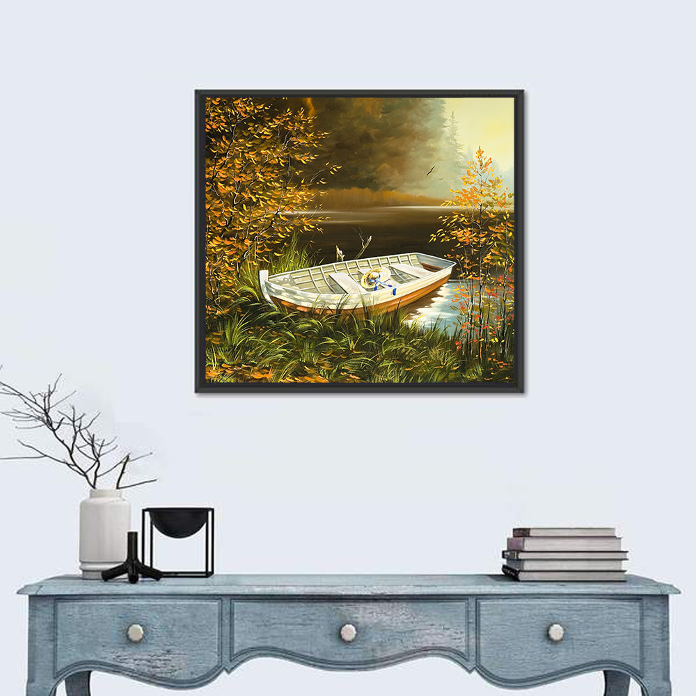 Wooden Boat with Straw Hat Wall Art