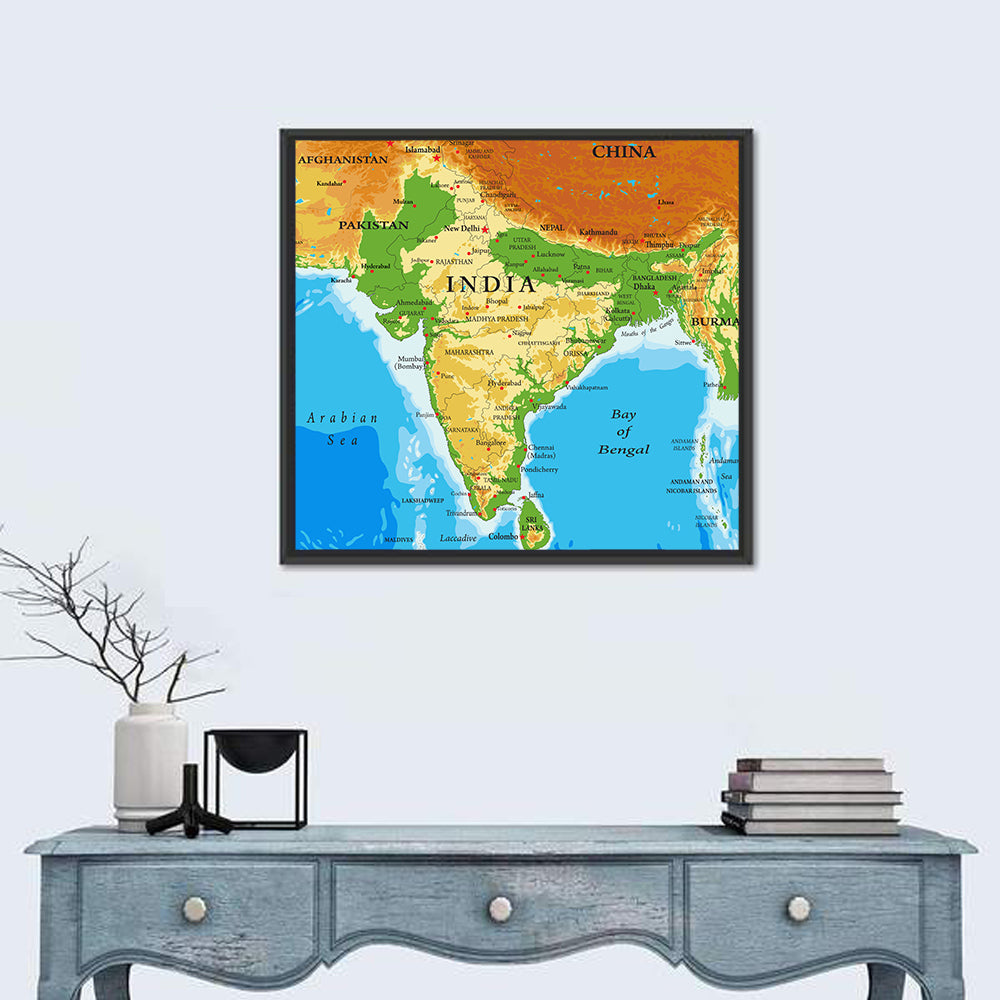 Relief Map of India Wall Art in a room, square