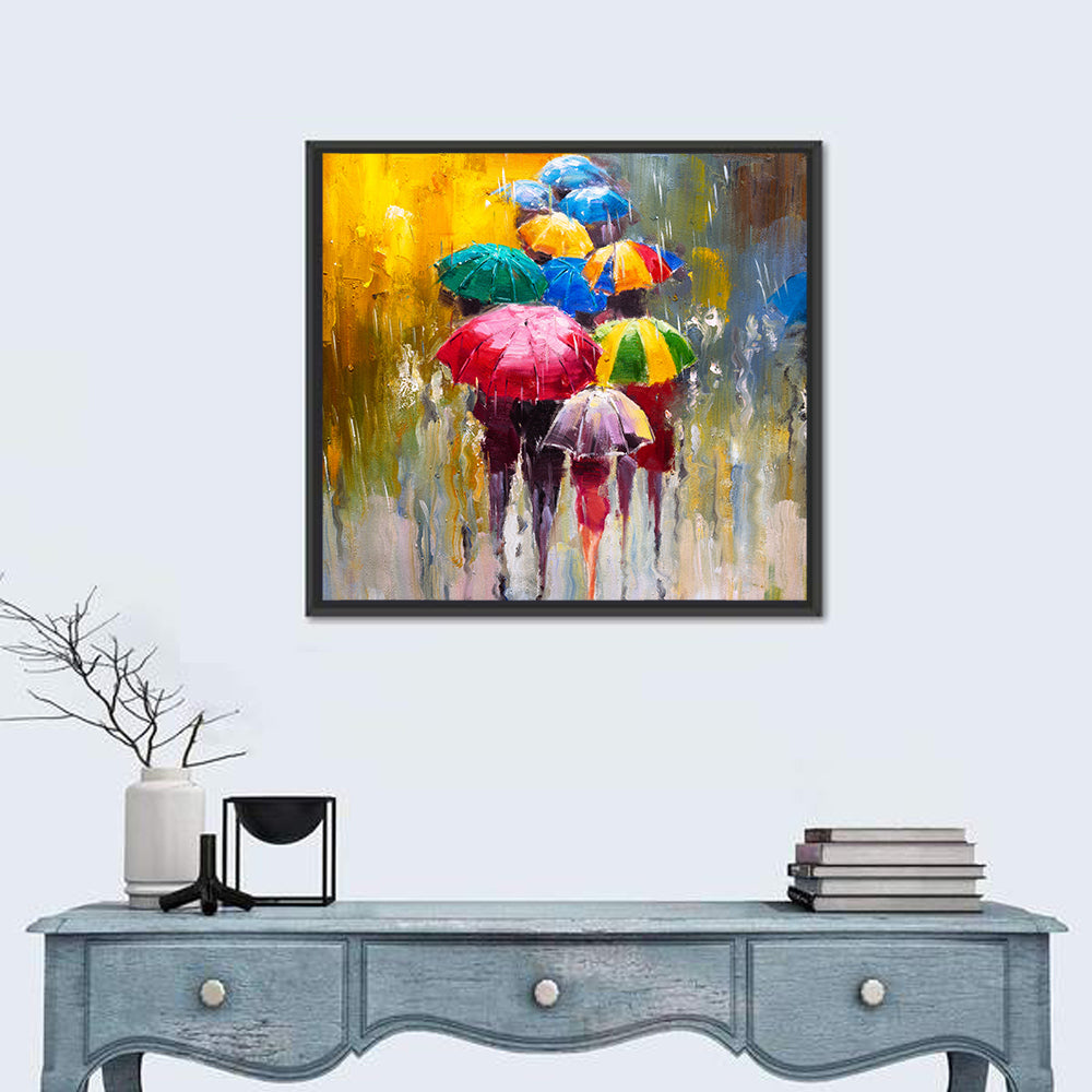 Rain Soaked Cityscape Oil Painting Wall Art in a room, square