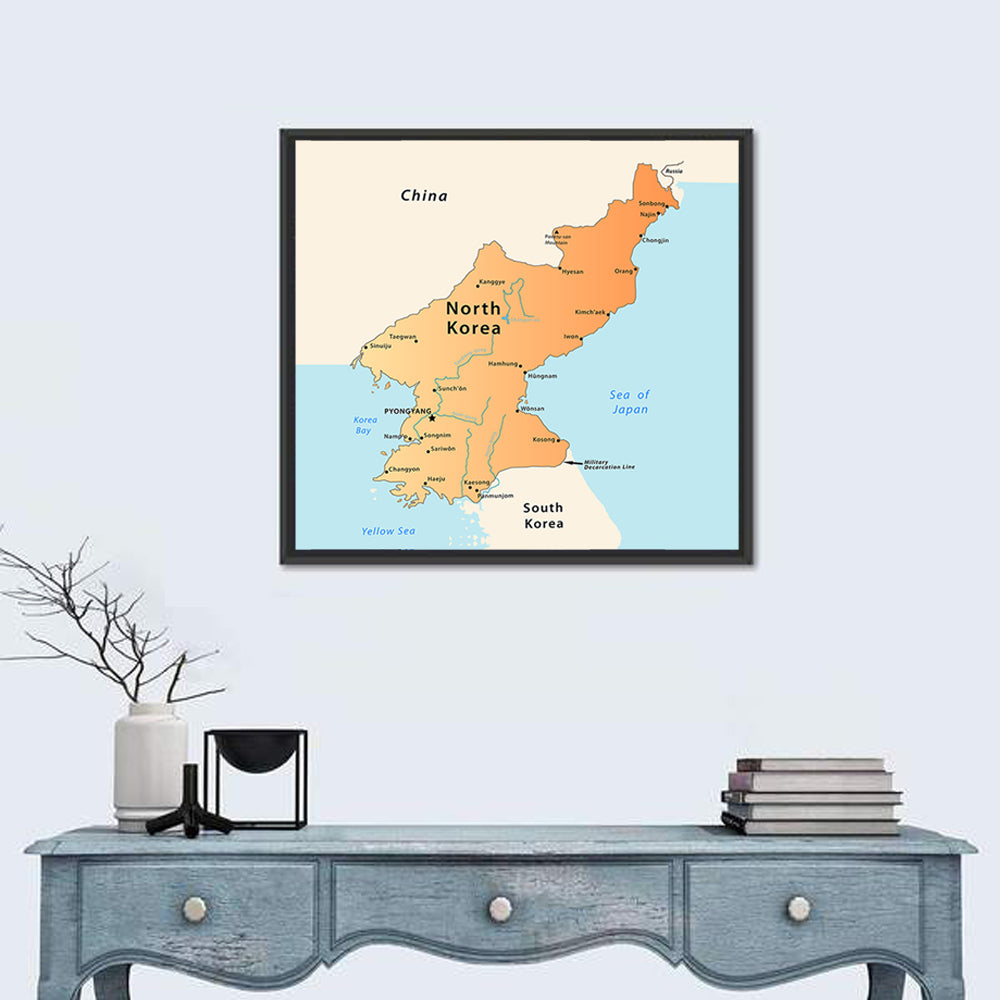 North Korea Political Map Wall Art in a room, square