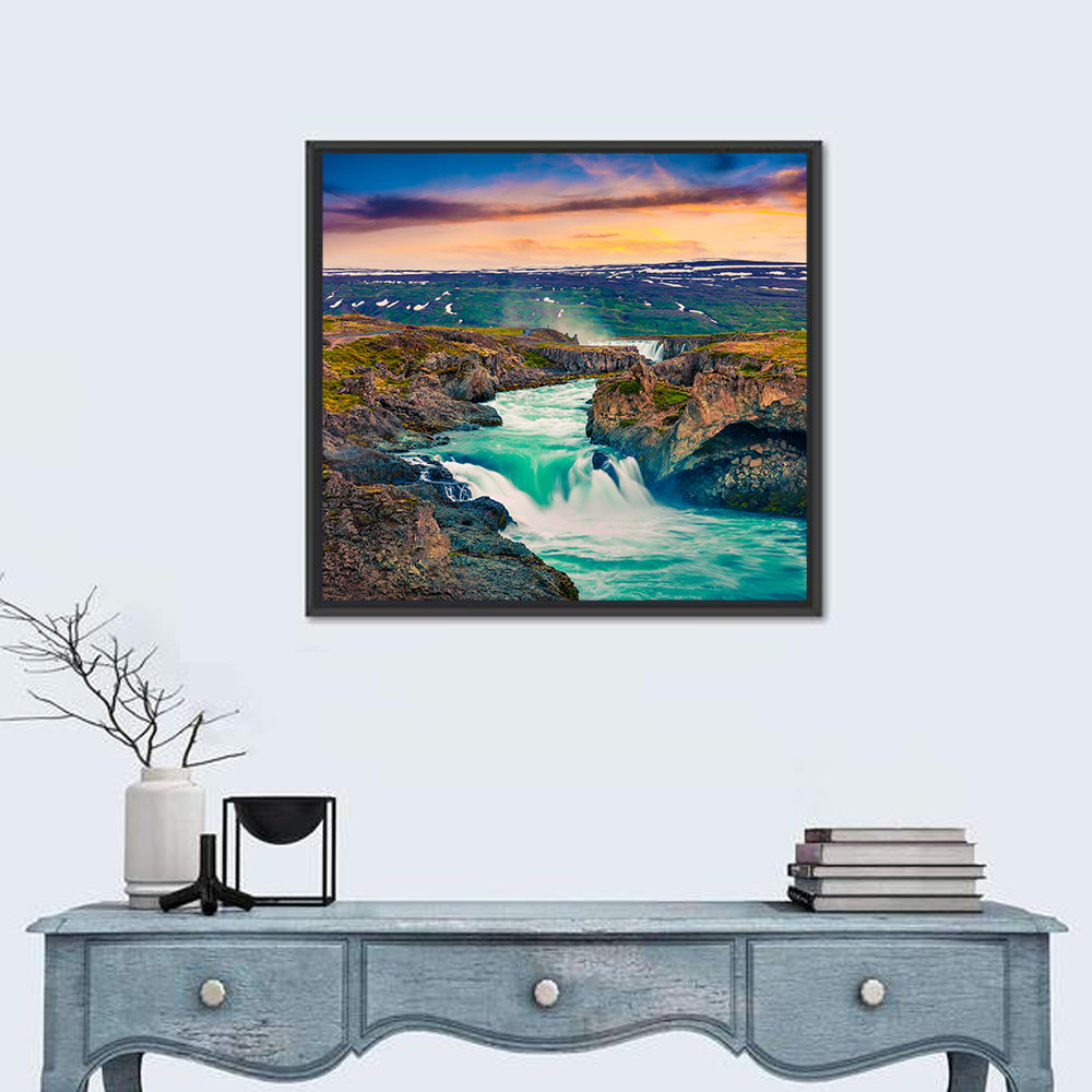 Godafoss Sunset Cascade Wall Art in a room, square