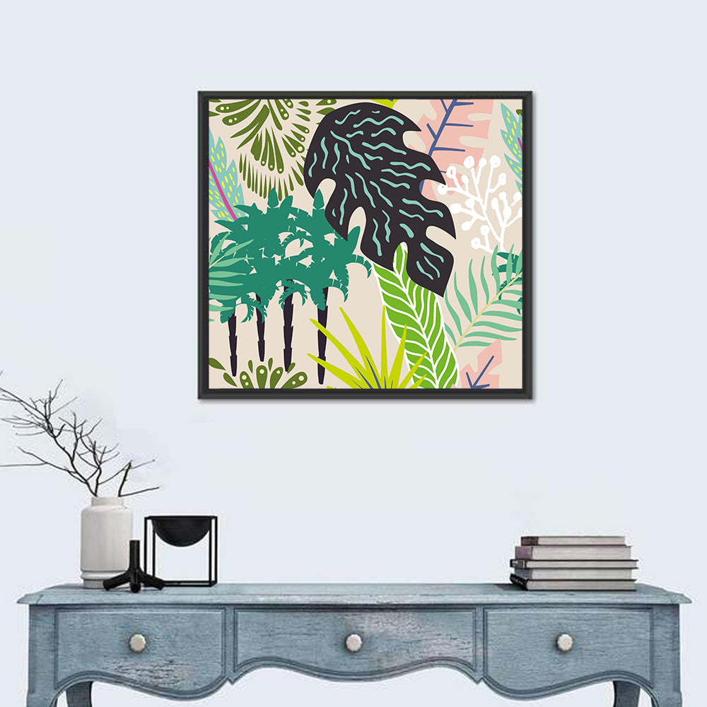 Leaves and Palm Trees Abstract Wall Art in a room, square