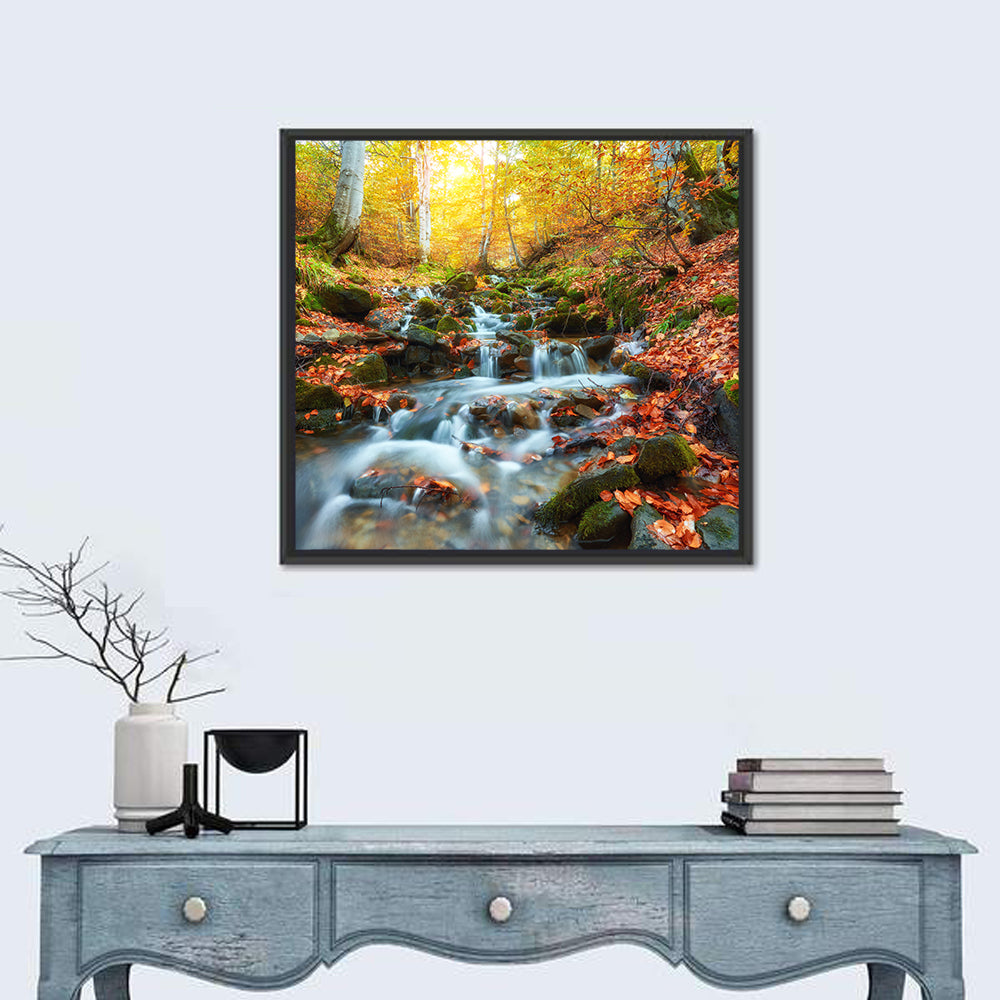 Backlit Autumn Forest Stream Wall Art in a room, square