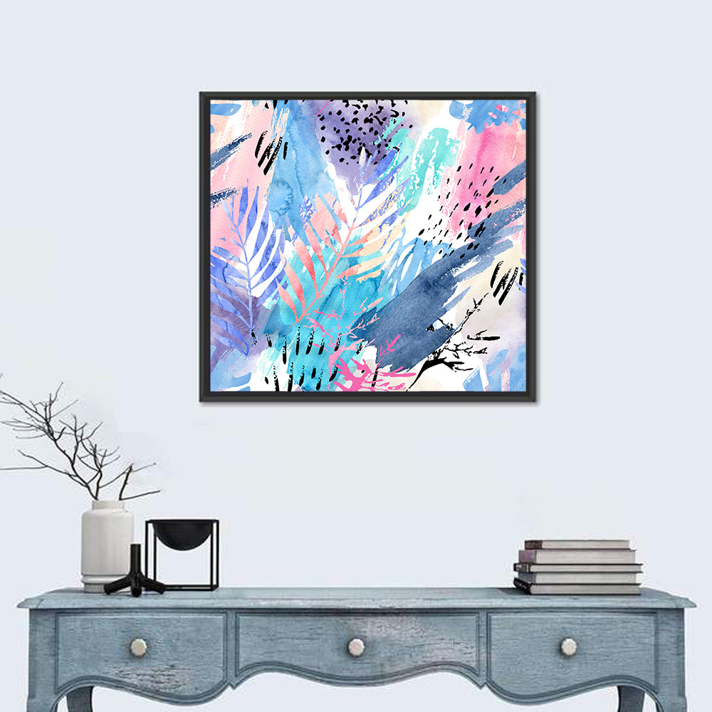 Palm Leaf Watercolor Collage Wall Art in a room, square