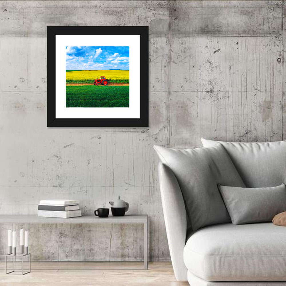 Red Tractor Over Yellow Rapeseed Field Wall Art