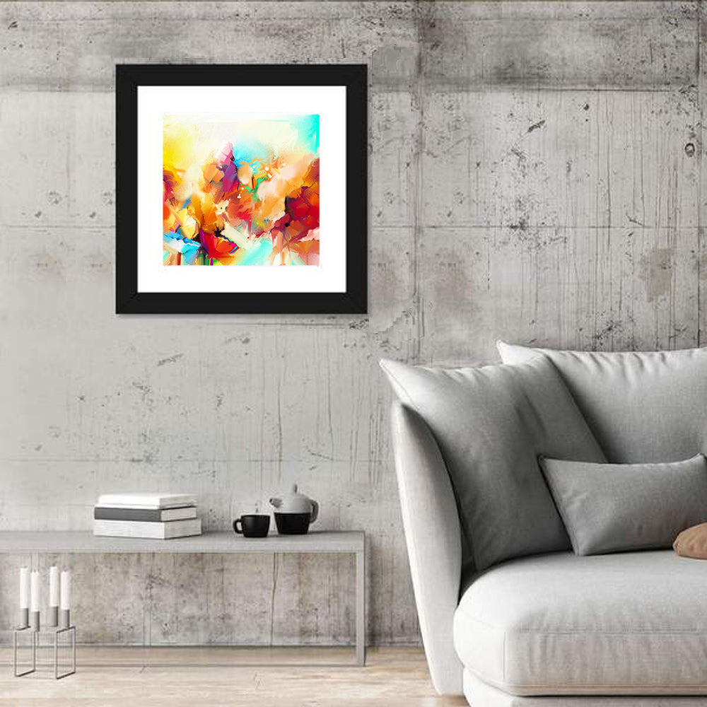 Vibrant Semi Abstract Flowers Wall Art in a room, square