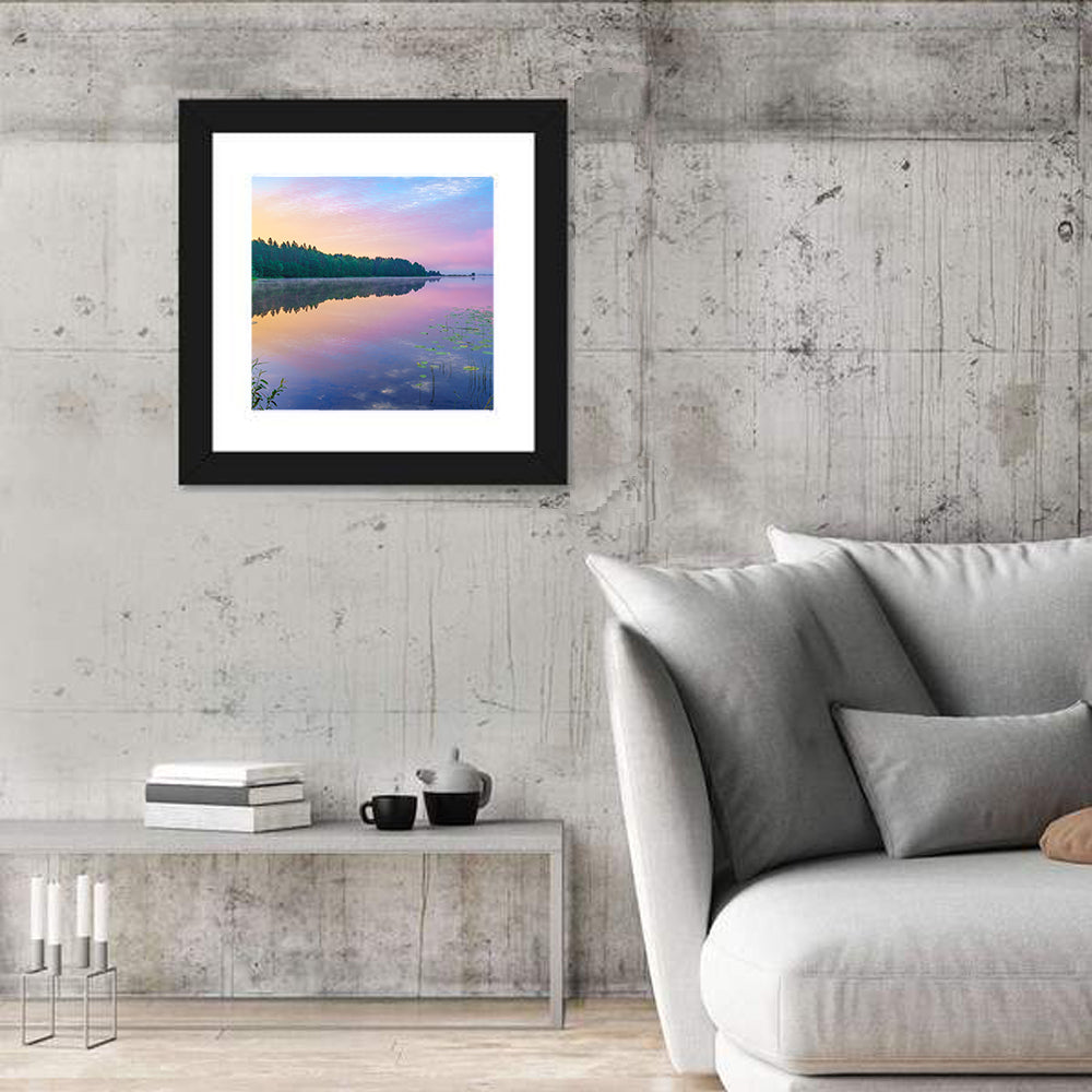 Sunrise Over Forest Lake Wall Art in a room, square