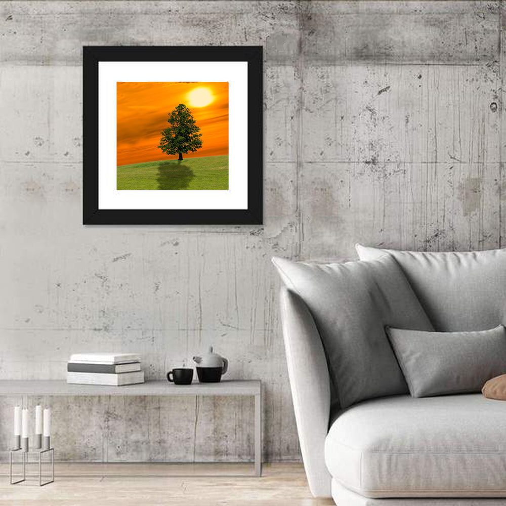Lonely Tree on Green Hill at Sunset Wall Art in a room, square