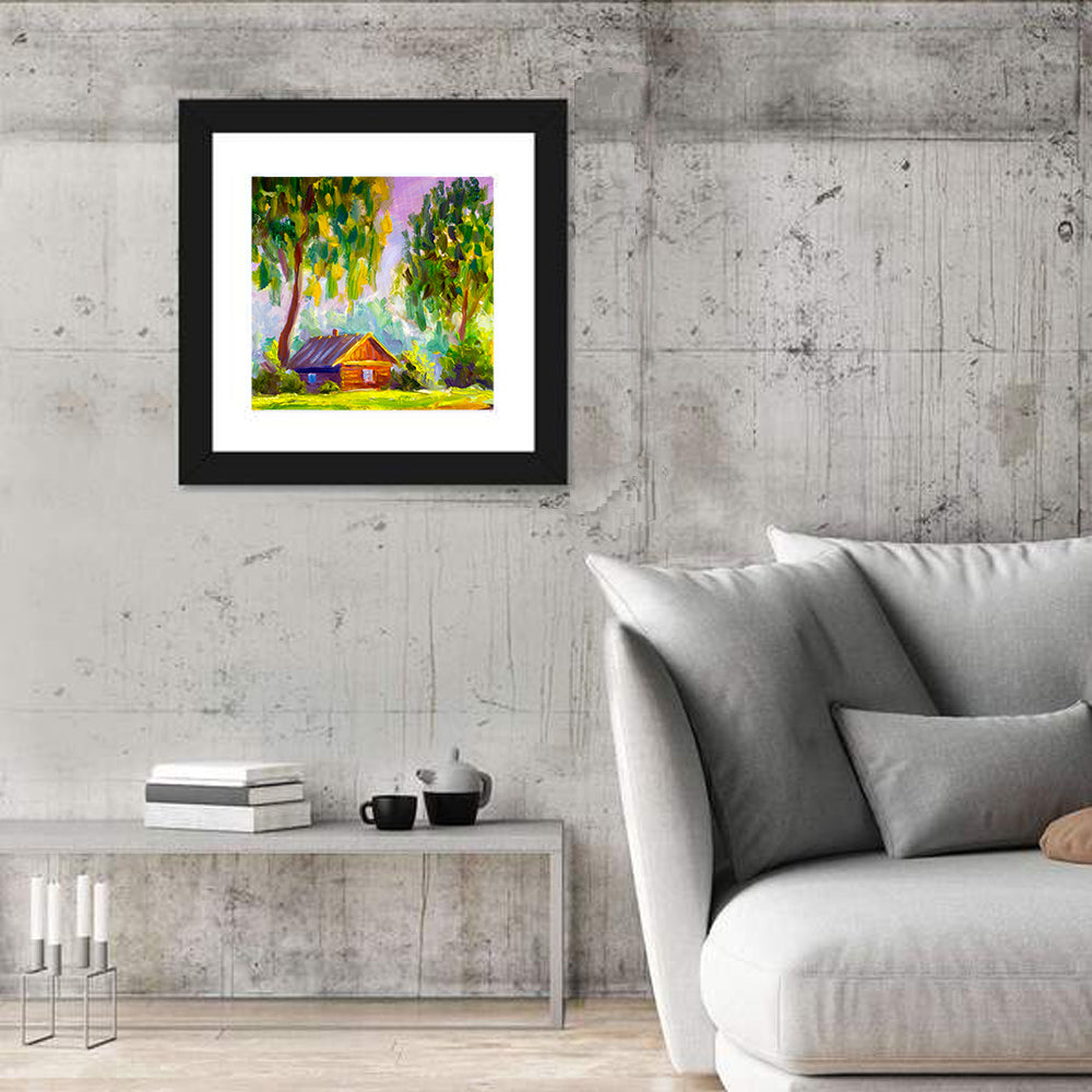 Impressionist Log Cabin in Green Forest Wall Art in a room, square