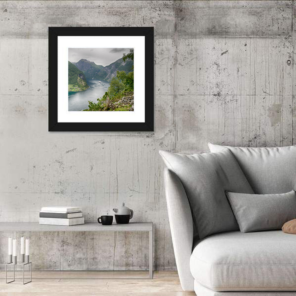 Geirangerfjord with Cruise Ship Wall Art in a room, square