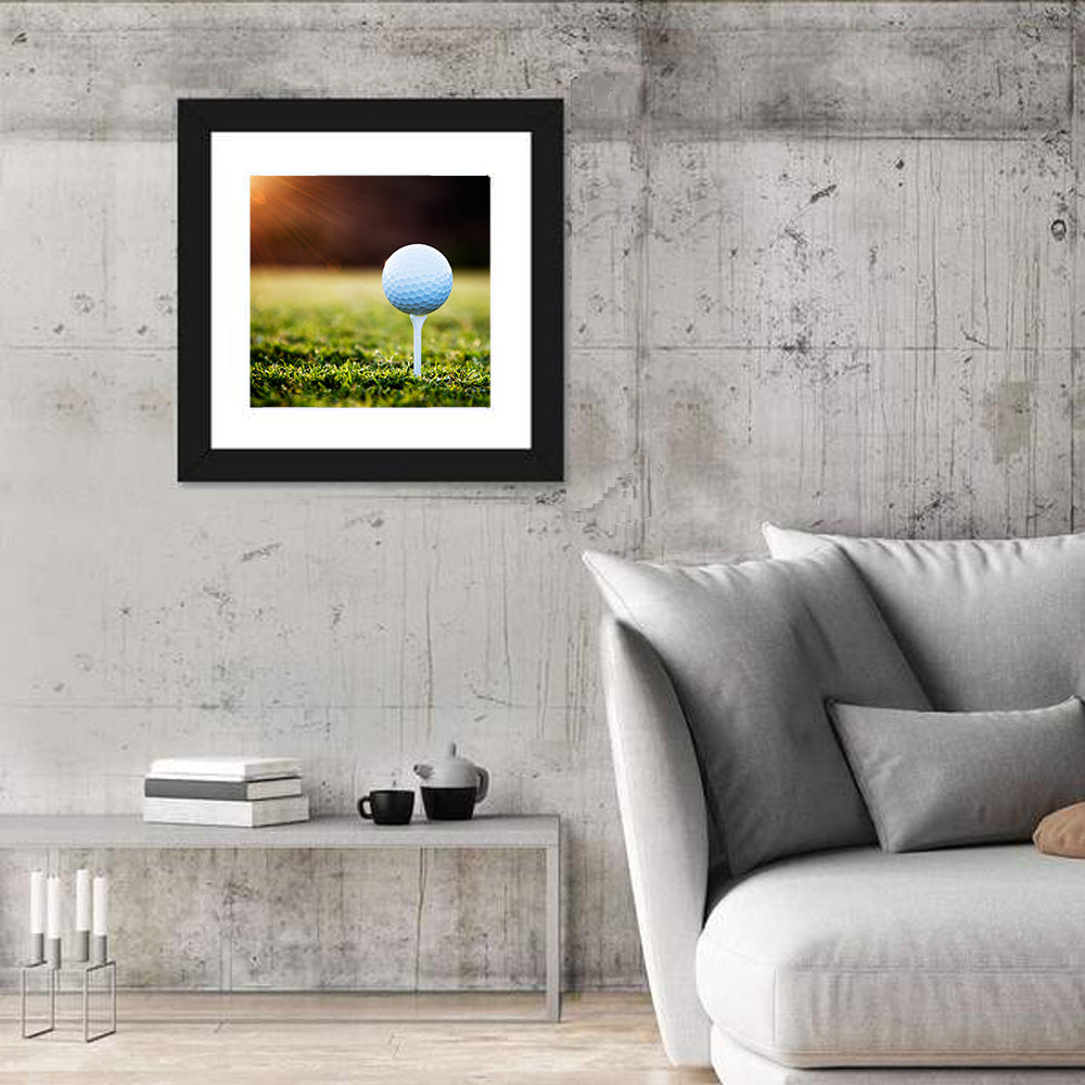 Golf Ball on Tee at Sunset Wall Art in a room, square
