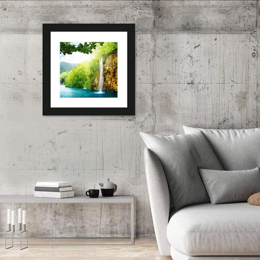 Plitvice Lakes Forest Waterfall Wall Art in a room, square
