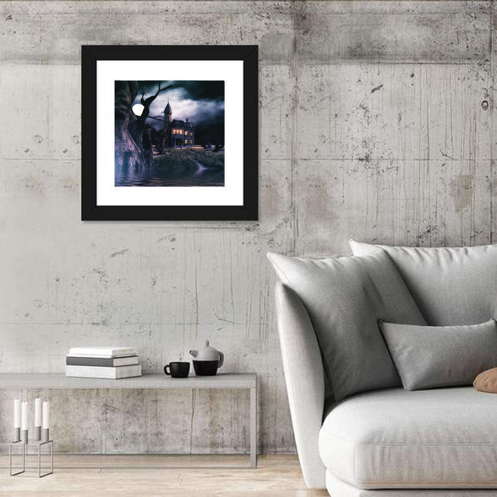 Moonlit Haunted House Wall Art in a room, square