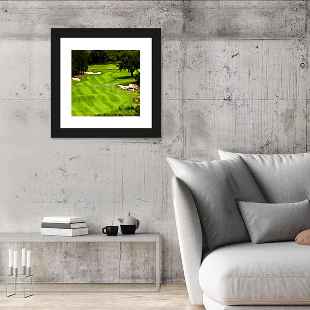 Sloping Golf Fairway with Bunkers Wall Art in a room, square