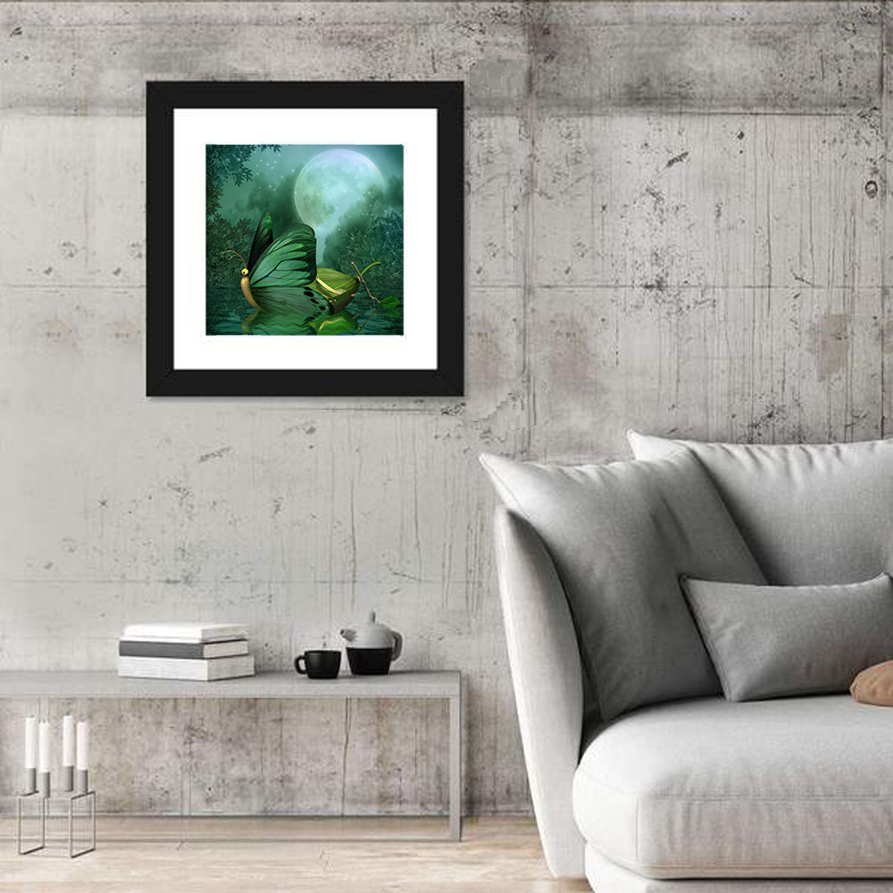 Moonlit Butterfly on Leaf Boat Wall Art in a room, square