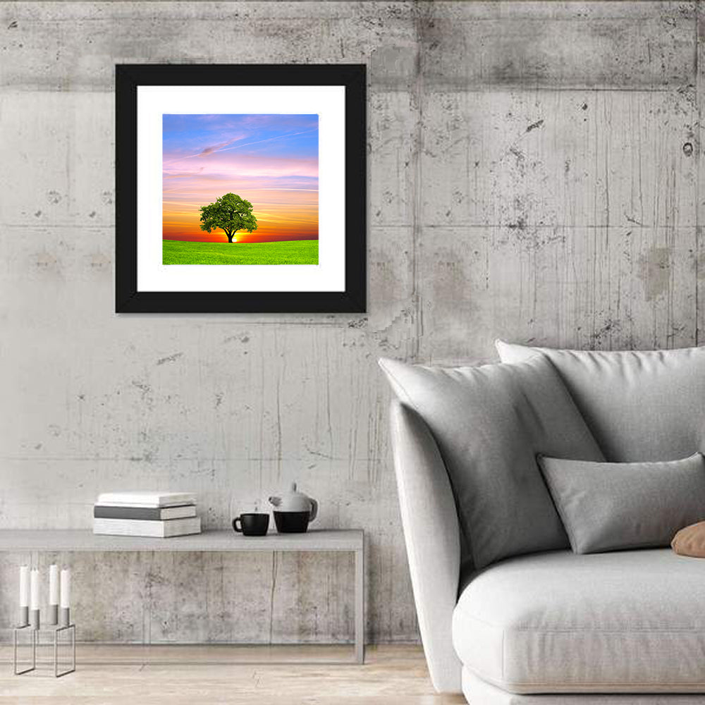 Lone Tree at Sunset Wall Art in a room, square