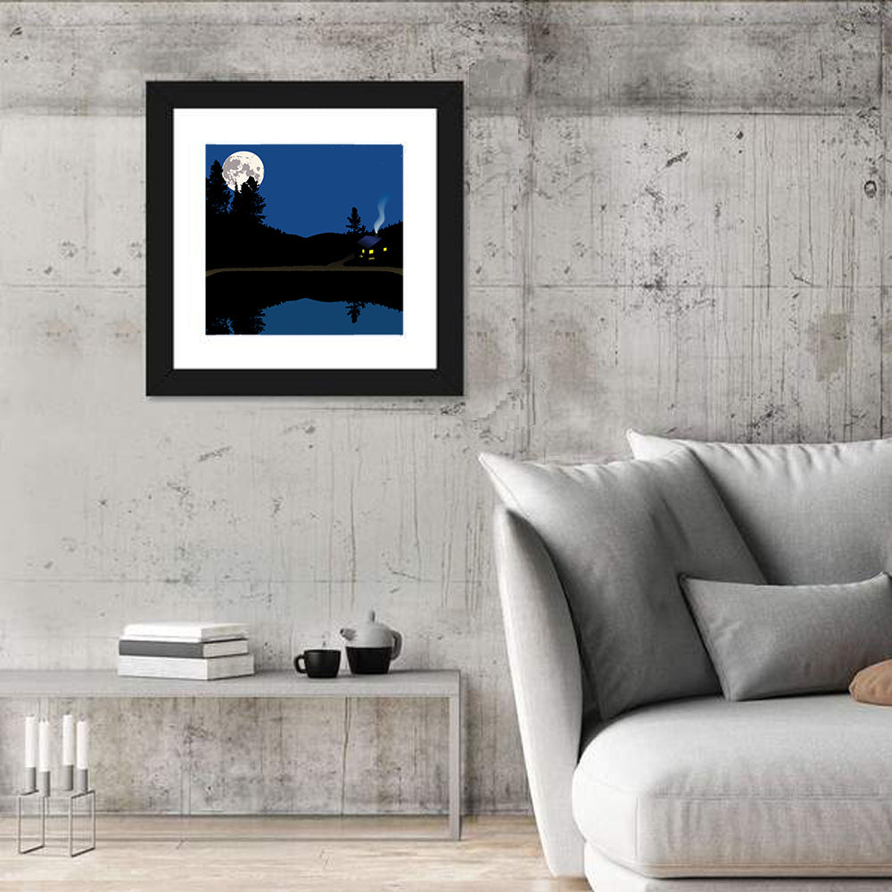 Moonlit Cabin on Mountain Lake Canvas Wall Art