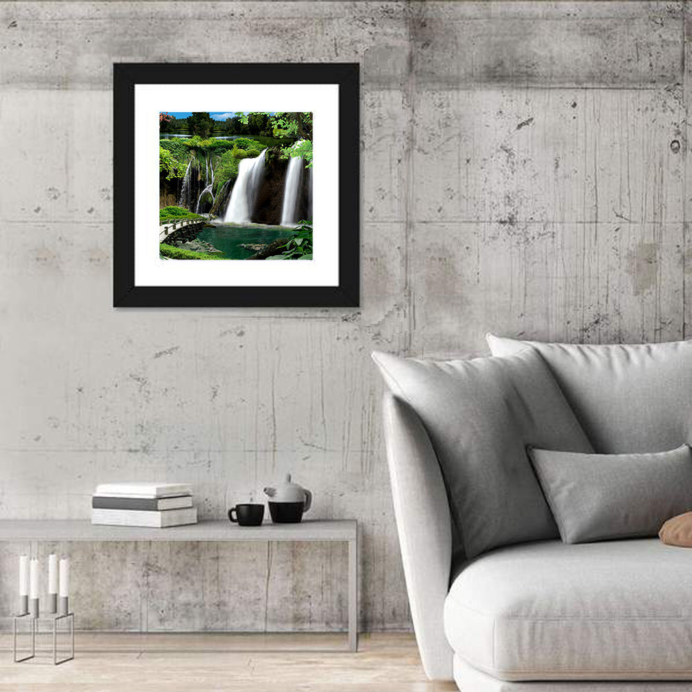 Wooden Bridge and Forest Waterfall Wall Art in a room, square