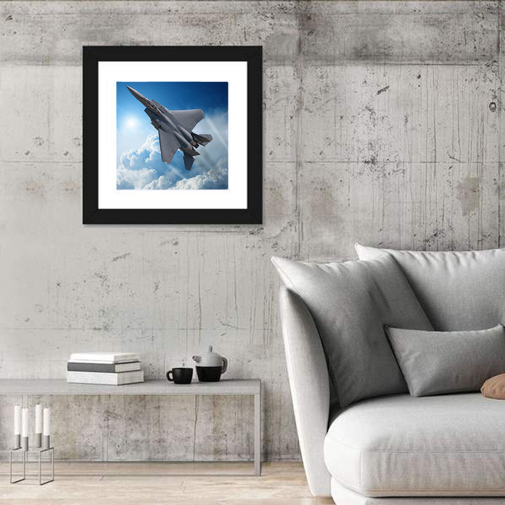 Low Angle Fighter Jet Over Sky Wall Art in a room, square