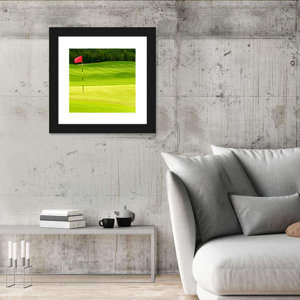 Red Golf Flag on the Green Wall Art in a room, square