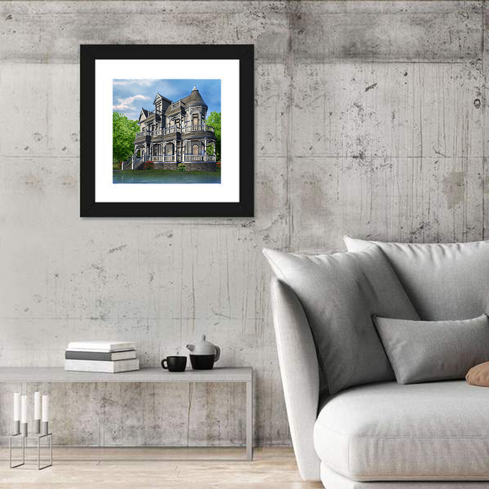 Lakeside Victorian House Wall Art in a room, square