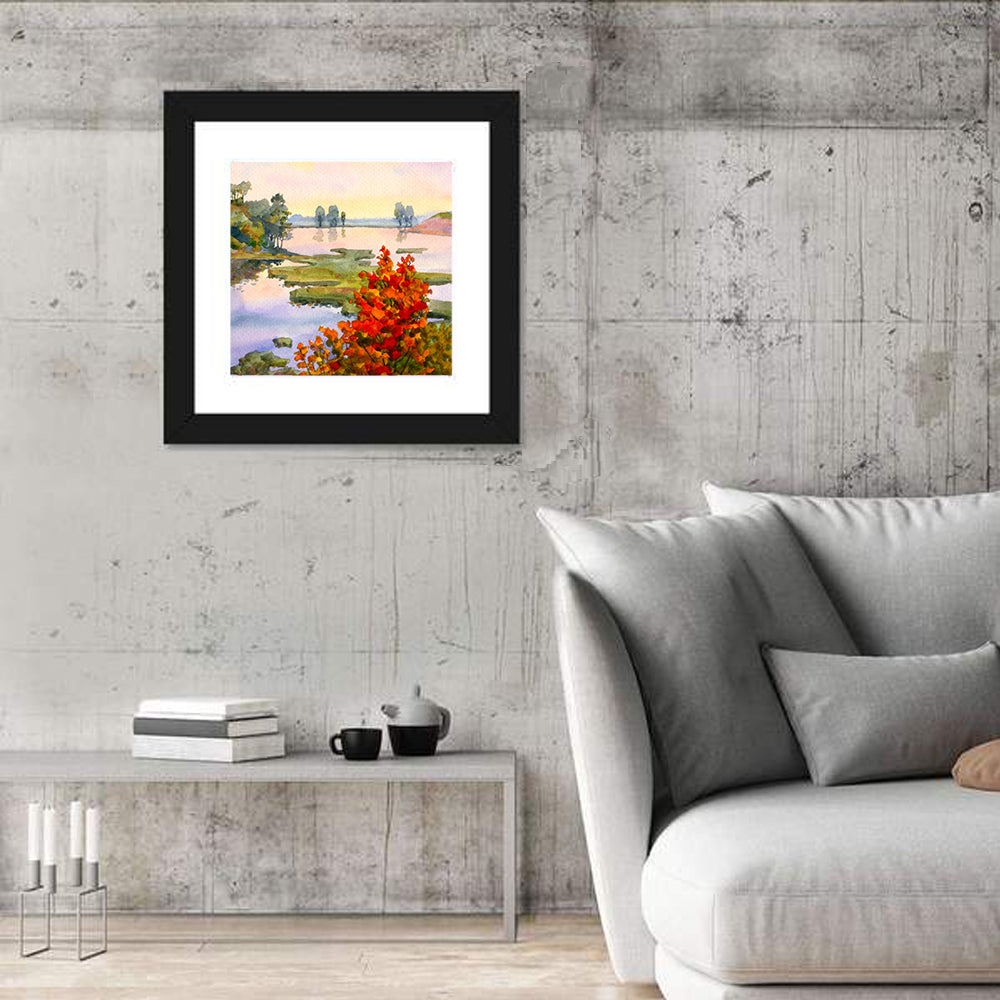 Autumn Lake Watercolor Wall Art in a room, square