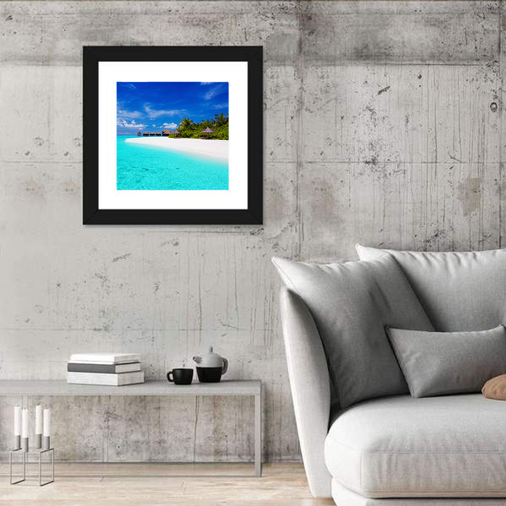Turquoise Island with Water Bungalows Wall Art in a room, square