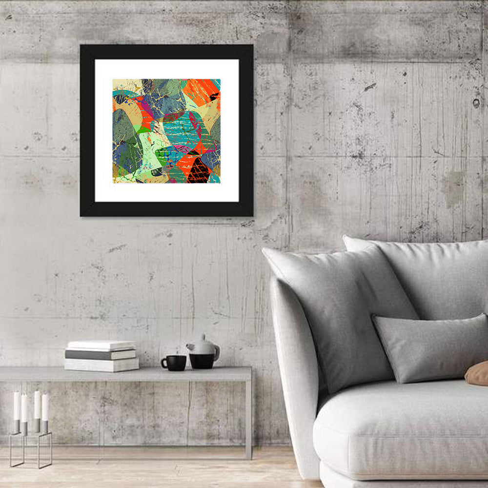 Vibrant Grunge Geometric Collage Wall Art in a room, square