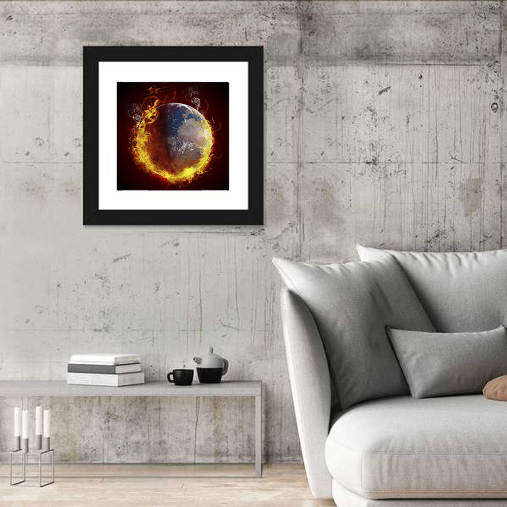 Burning Planet Earth Wall Art in a room, square
