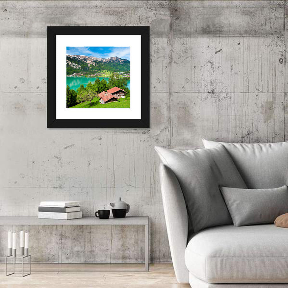Lake Brienz with Alpine Cabins Wall Art in a room, square