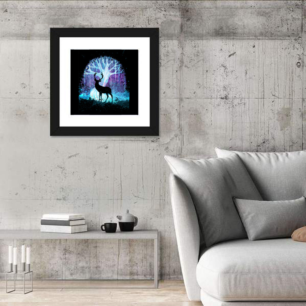 Deer Silhouette with Glowing Tree Wall Art in a room, square