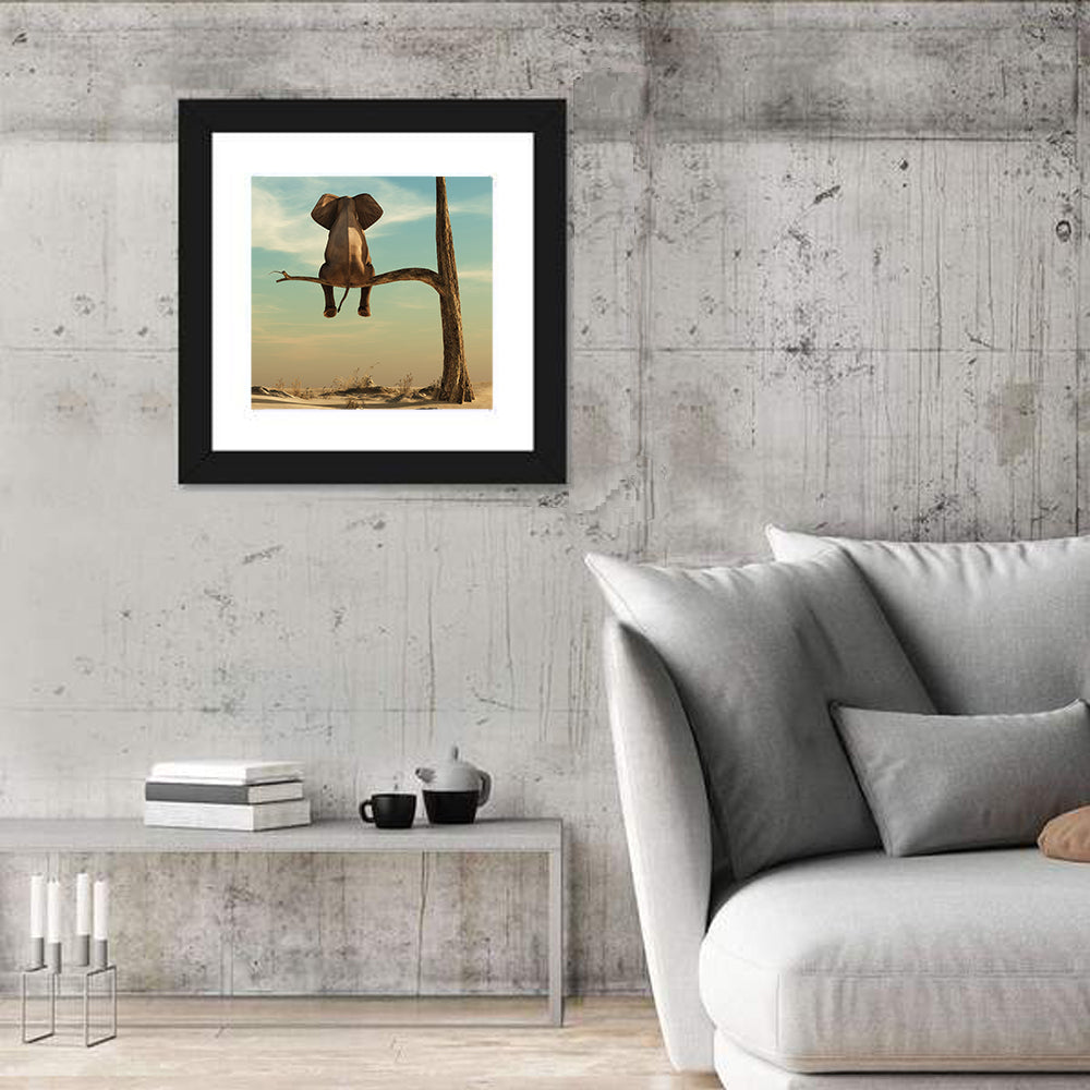 Solitary Elephant on a Tree Branch Wall Art in a room, square
