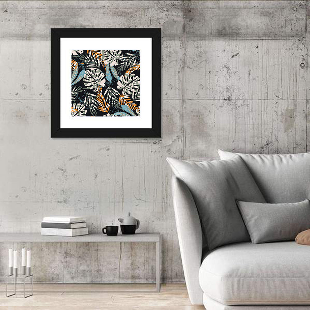 Monstera and Palm Leaves Pattern Wall Art in a room, square