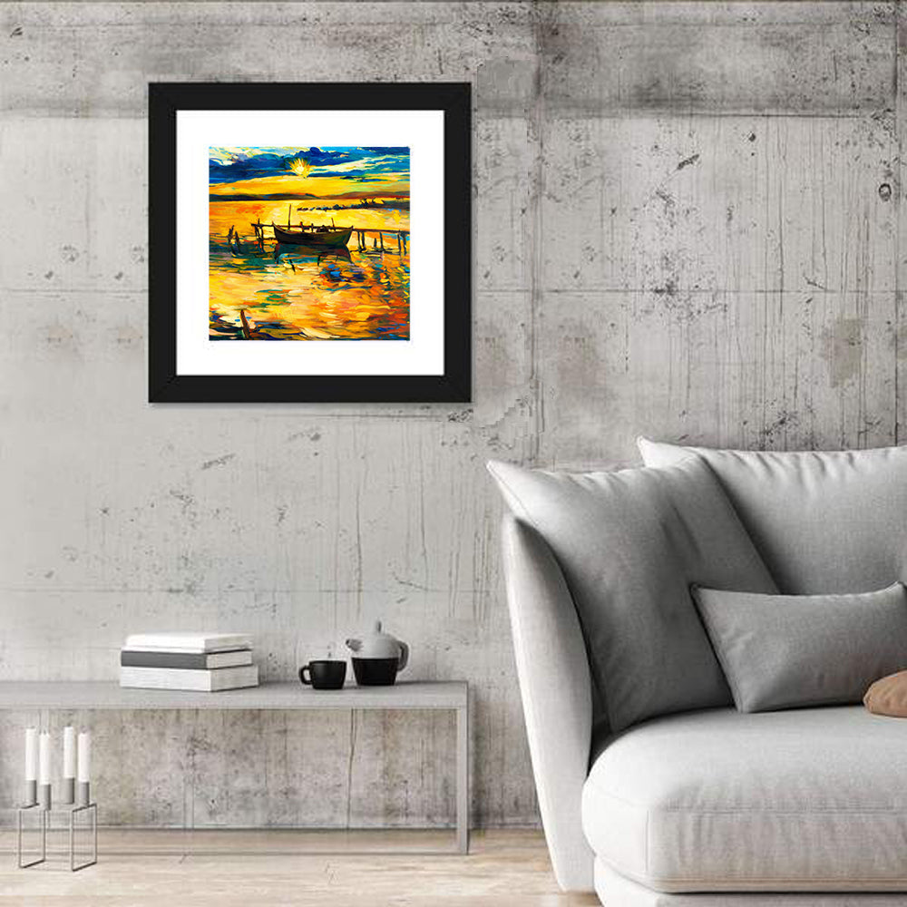 Sunset Boat at Jetty Oil Painting Wall Art
