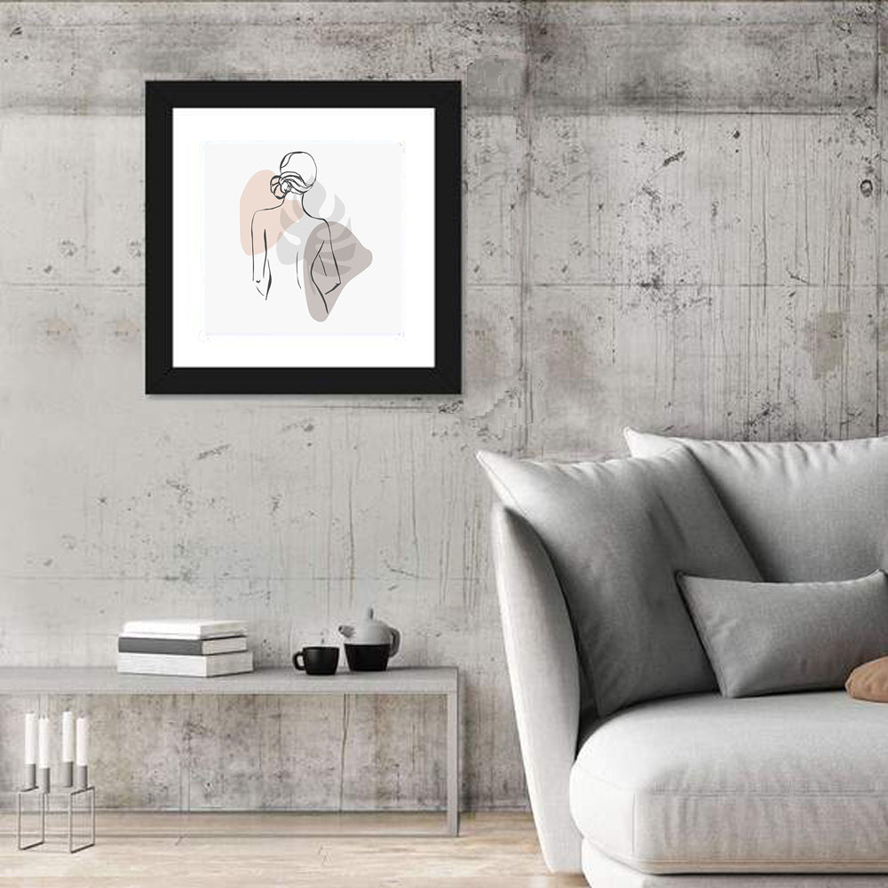 Continuous Line Woman with Monstera Leaf Wall Art in a room, square