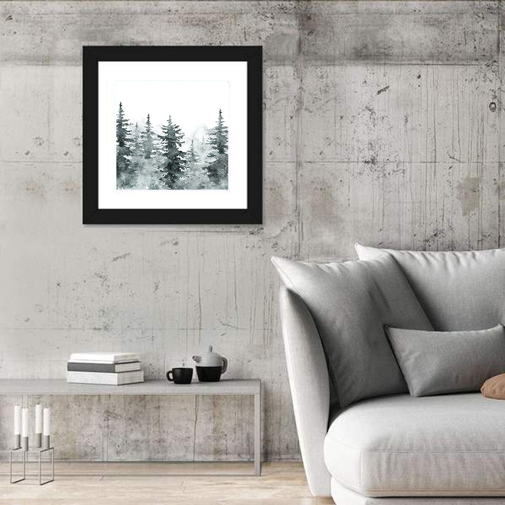 Snowy Pine and Spruce Forest Wall Art in a room, square