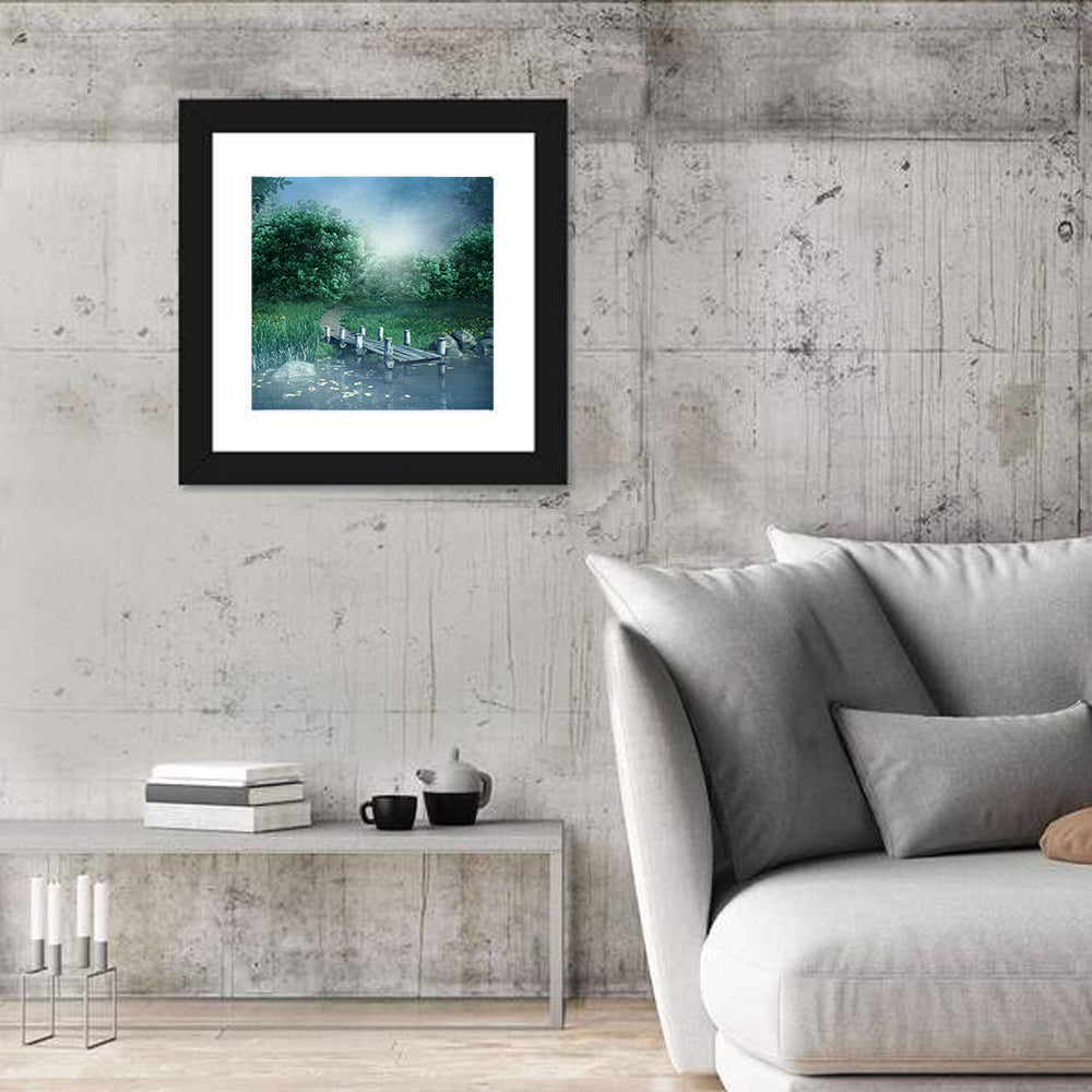 Misty Forest Lake with Wooden Bridge Wall Art in a room, square