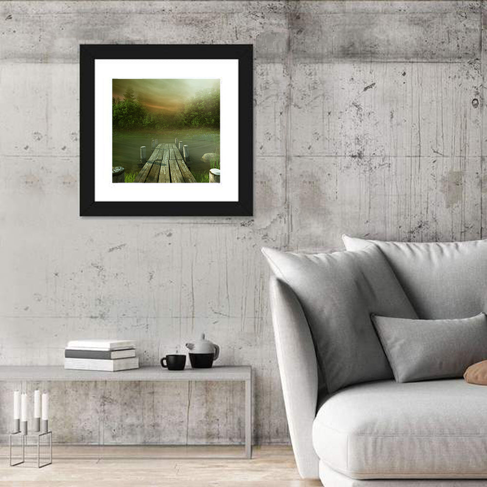 Wooden Jetty on Misty Lake Wall Art in a room, square