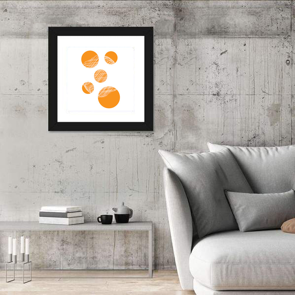 Asymmetrical Orange Circles Wall Art in a room, square
