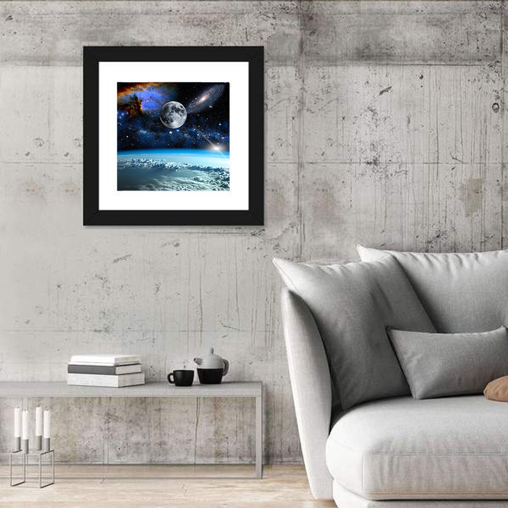 Earth and Moon Over Clouds Wall Art