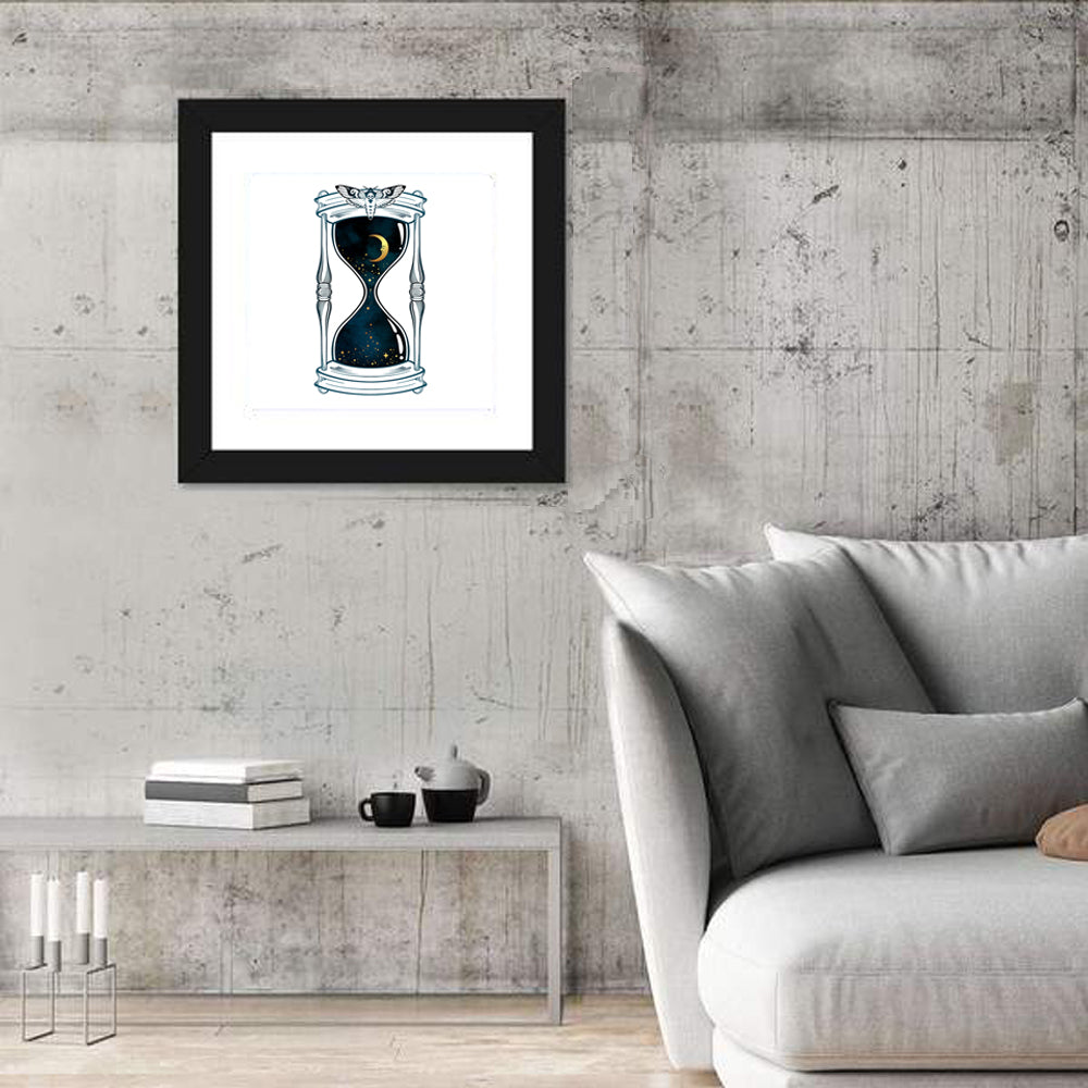 Hand Drawn Hourglass with Moth Wall Art in a room, square