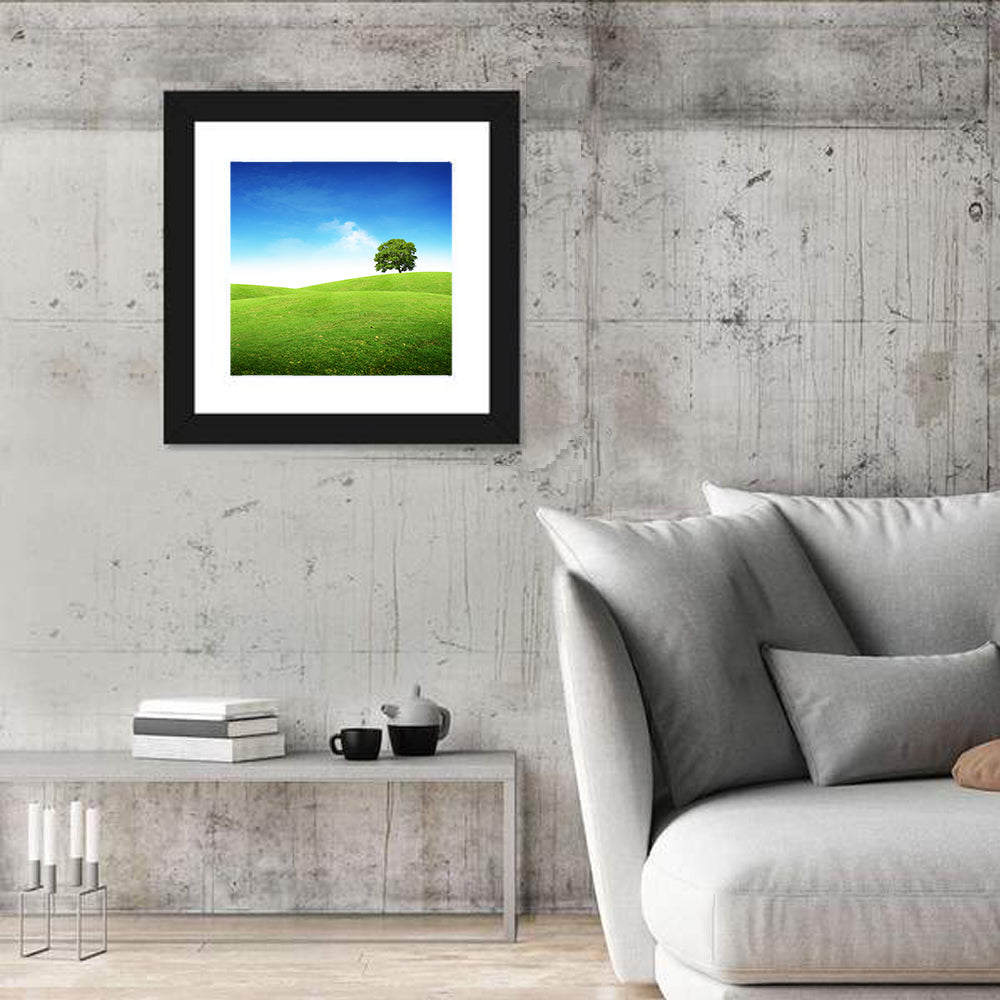 Lone Tree on Rolling Green Hill Wall Art in a room, square
